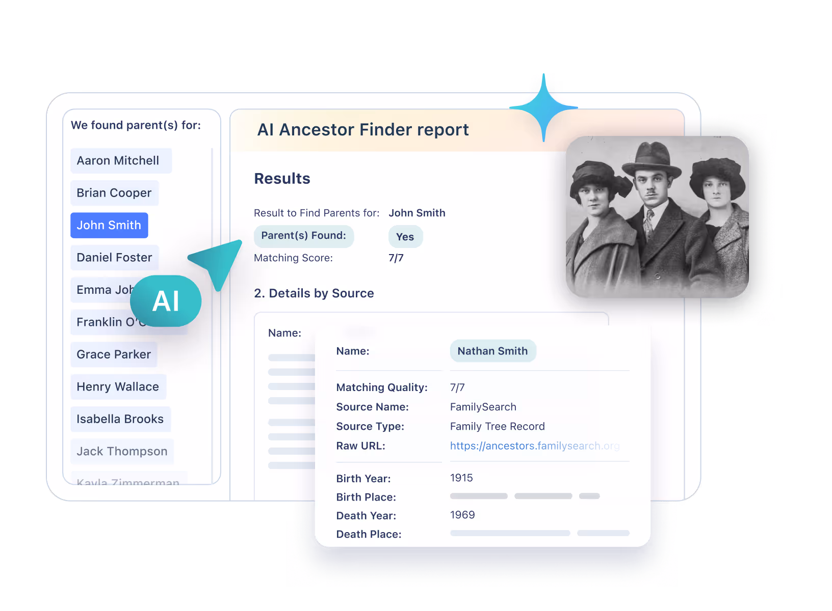 AI Ancestor Finder tool displaying report for John Smith, including family tree details, matching score, and vintage family photograph