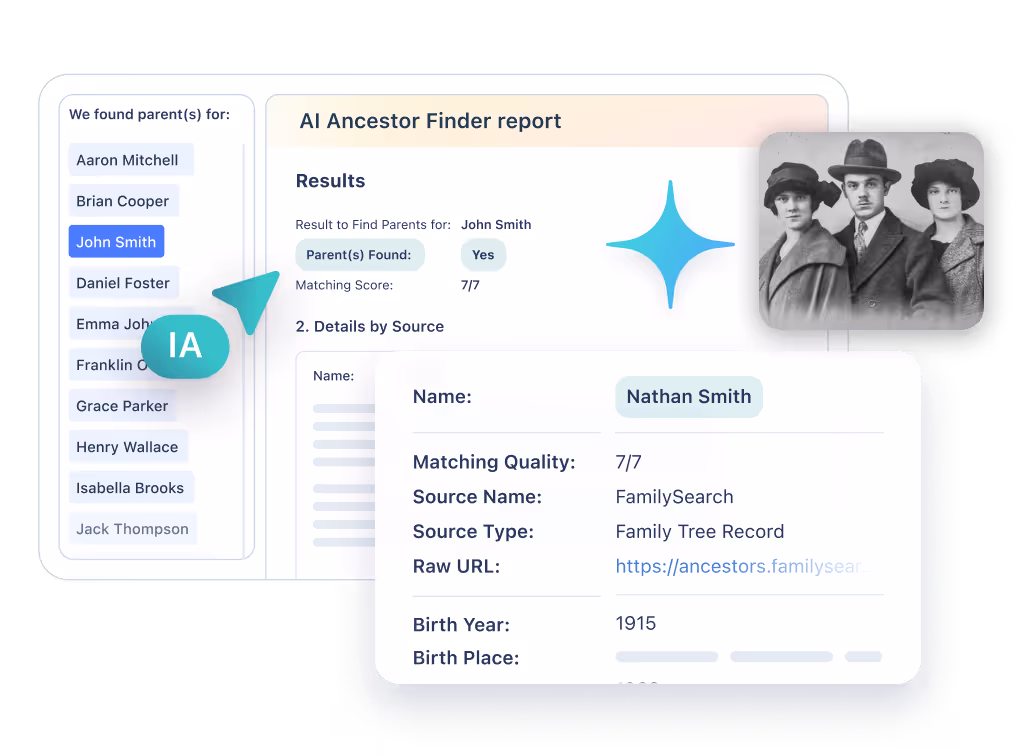 AI Ancestor Finder tool displaying report for John Smith, including family tree details, matching score, and vintage family photograph