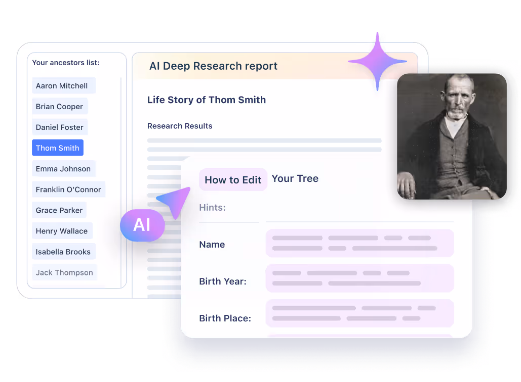 AI genealogy tool showing Deep Research report with ancestor list, life story of Thom Smith, and an old portrait photo